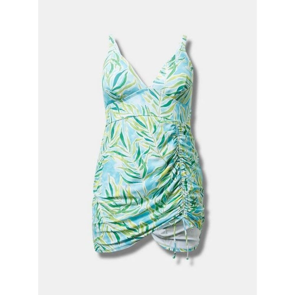Torrid Wireless Side Cinch Fitted Swim Dress w/Brief Tropical Blue & Green Sz 10